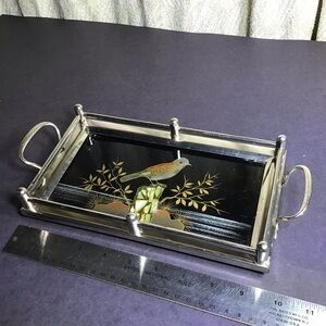 Silver and Black underglass antique robin Bird Design Tray